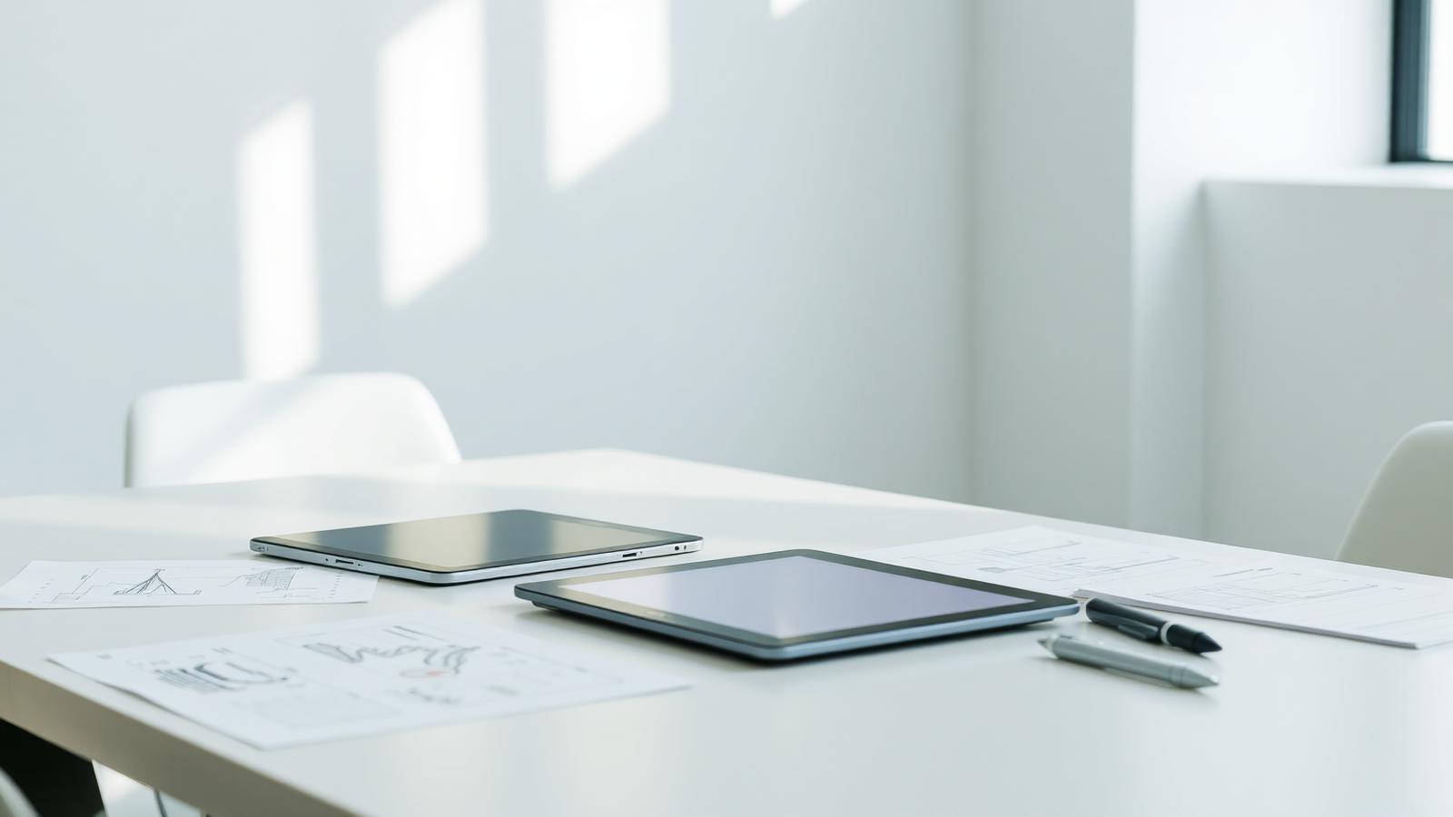 Bright meeting table with production plans and a tablet
