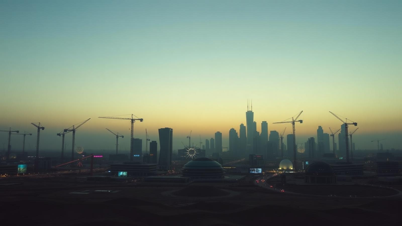 Gulf city skyline at dusk with cranes and event structures