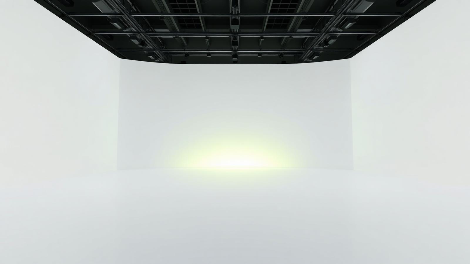 Minimal white event space with a single gradient light glow